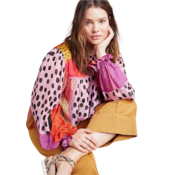 Flawed - Anthropologie Blank London Polka Dot Peasant Blouse - Petite - Picture 2 of 16